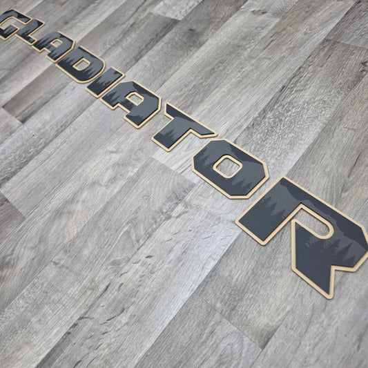 Jeep "GLADIATOR" Engraved Mountains and Trees  Tailgate Emblem -  Two Color Stacked